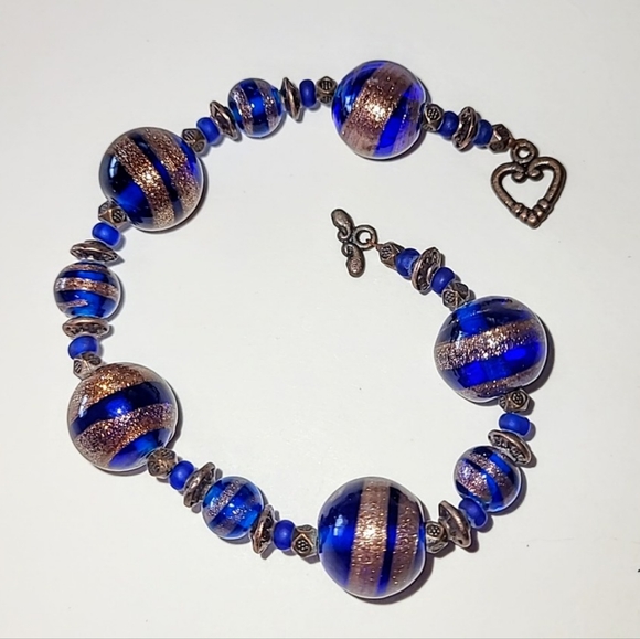 COBALT BLUE COPPER GLITTER STRIPED LAMPWORK BEAD BRACELET - EXTRA LONG - Picture 5 of 5
